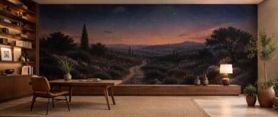 Sentier de garrigue au crépuscule en situation — fresque panoramique de Provence dans un intérieur