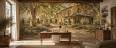 Mas provençal et platanes en situation — fresque panoramique de Provence dans un intérieur