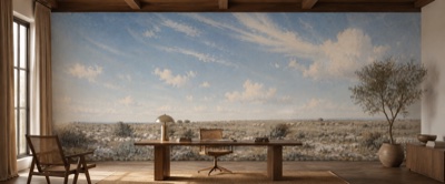 Plateau de garrigue et grand ciel en situation — fresque panoramique de Provence dans un intérieur