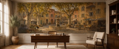 Marché de village au petit matin en situation — fresque panoramique de Provence dans un intérieur
