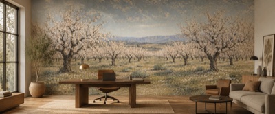 Champ d'amandiers en fleurs en situation — fresque panoramique de Provence dans un intérieur