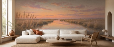 Roubine et roseaux de Camargue en situation — fresque panoramique de Provence dans un intérieur
