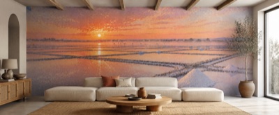 Aube sur les marais salants en situation — fresque panoramique de Provence dans un intérieur