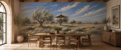 Oliveraie sous le mistral en situation — fresque panoramique de Provence dans un intérieur