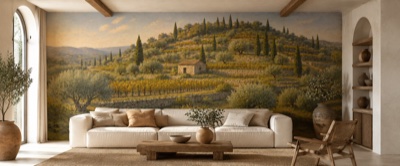 Colline de cyprès et restanques en situation — fresque panoramique de Provence dans un intérieur
