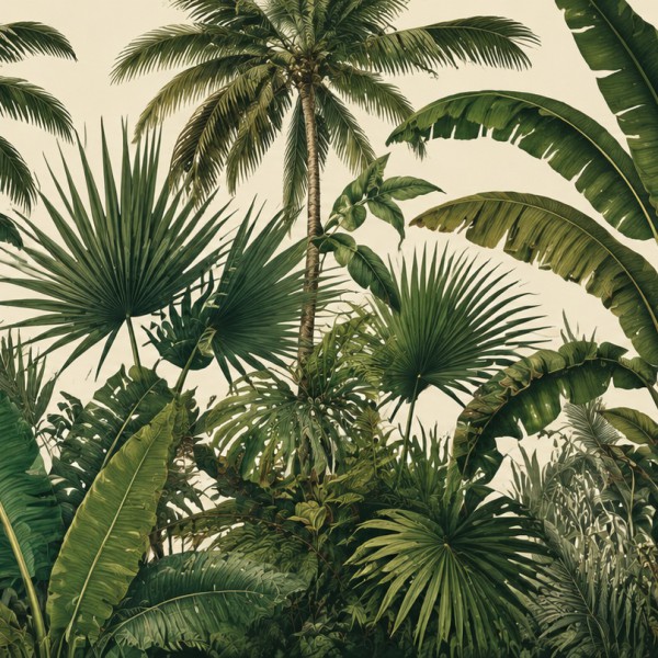 Palmiers et bananiers tropicaux – fresque panoramique botanique : palmes, feuilles de bananier et monstera sur fond ivoire crème