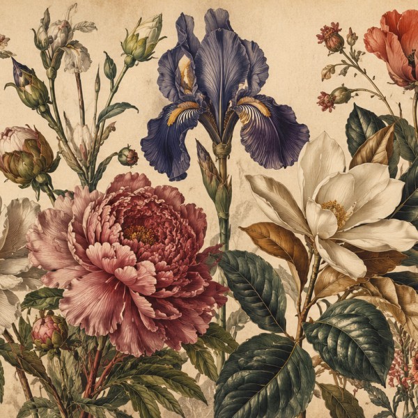 Fleurs façon gravure botanique ancienne – fresque panoramique botanique : pivoines, magnolias, iris et pavots dessinés avec préc