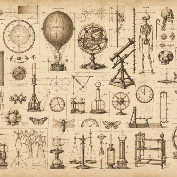 La Planche des Savoirs – fresque panoramique carte ancienne : gravures d'encyclopédie du XVIIIe siècle, instruments scientifique
