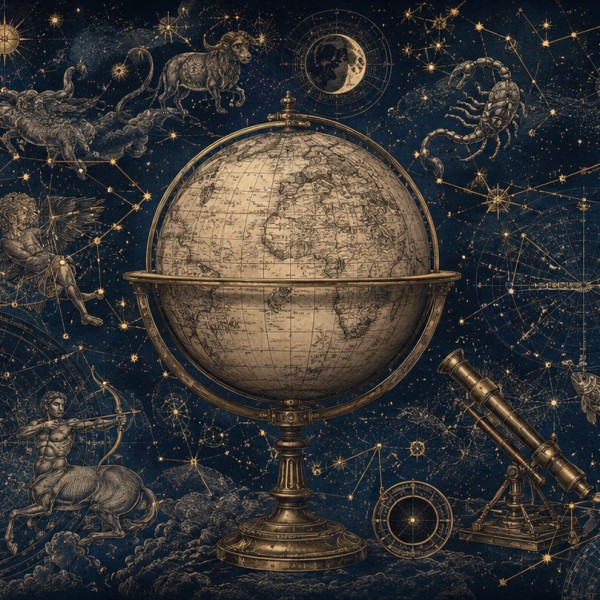 Le Globe et les Constellations – fresque panoramique carte ancienne : vieux globe terrestre, sphères armillaires et cartes céles