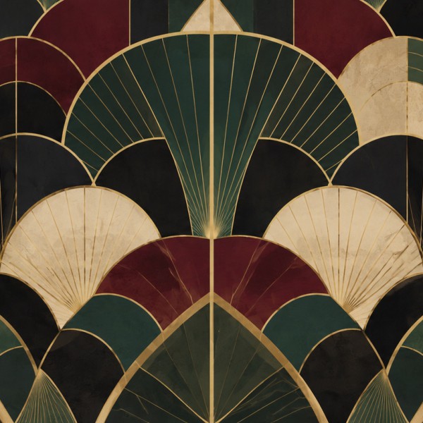 Éventails Art déco – fresque panoramique graphique : arcs et chevrons rythmés, fines lignes dorées, vert profond, noir, crème et