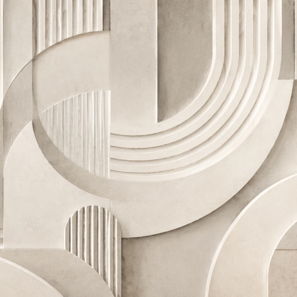 Bas-relief de plâtre sculpté – fresque panoramique graphique : cannelures et volutes en relief subtil, lumière rasante, blanc ca