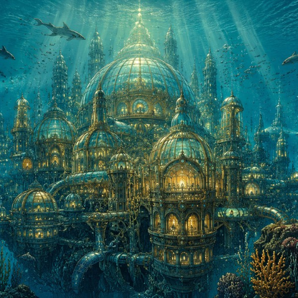 Cité engloutie de cuivre et de verre – fresque panoramique de voyage : dômes de verre et structures de laiton illuminés au fond 