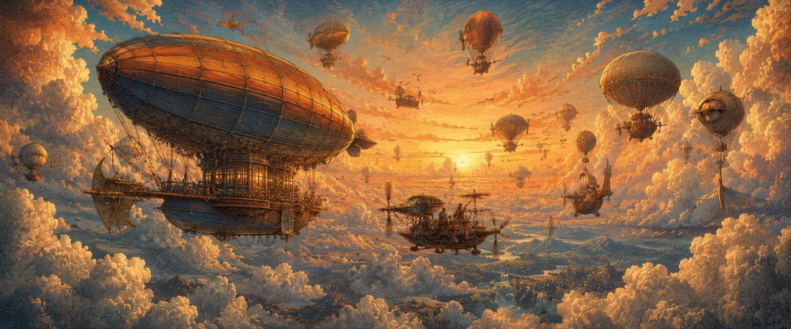 Flotte d'aérostats au-dessus des nuages