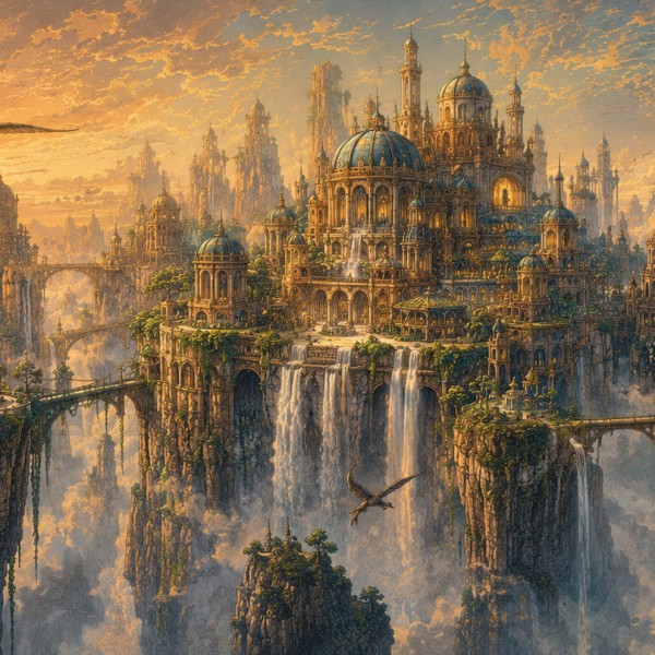 Cité imaginaire suspendue – fresque panoramique de voyage : tours, dômes et ponts vertigineux accrochés à des pitons rocheux, ca