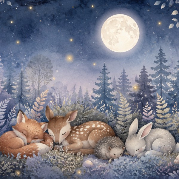 Forêt endormie au clair de lune – fresque panoramique pour enfant : renard, faon, hérisson et lapin assoupis sous une lune argen