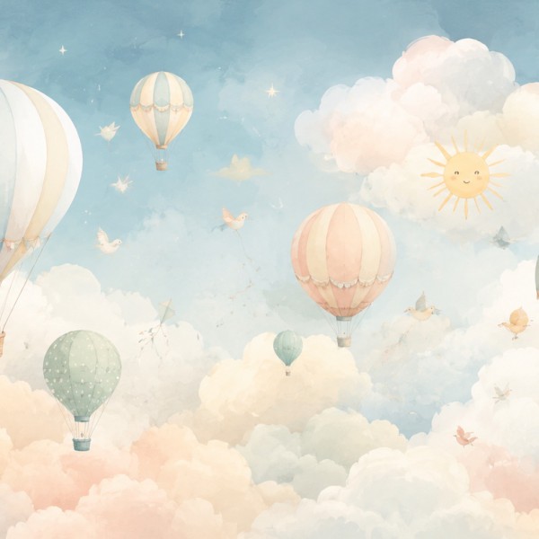 Nuages et montgolfières pastel – fresque panoramique pour enfant : montgolfières et petits ballons flottant parmi des nuages cot