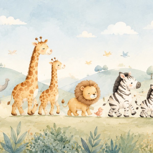 Arche des animaux tout-doux – fresque panoramique pour enfant : éléphanteau, girafon, lion et zèbre avançant deux par deux dans 