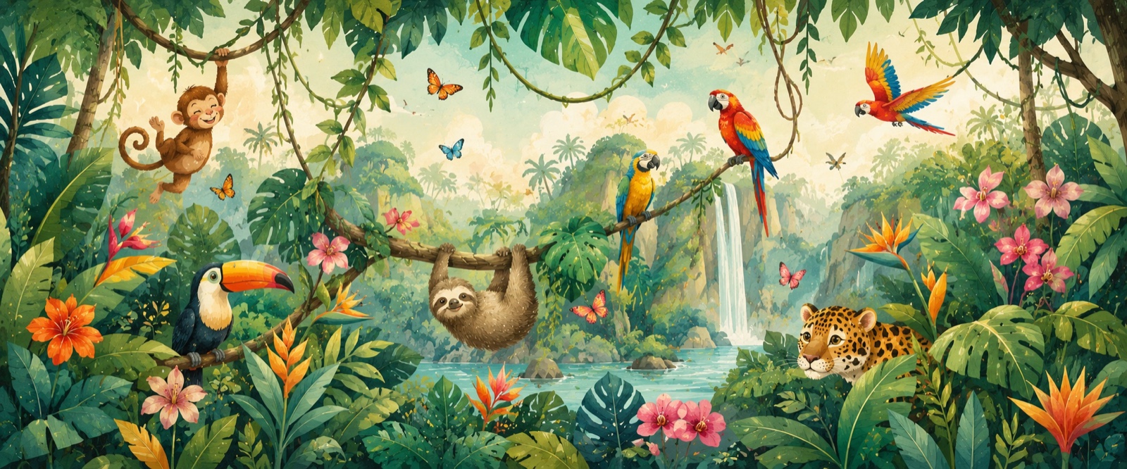 Jungle amicale et animaux joyeux
