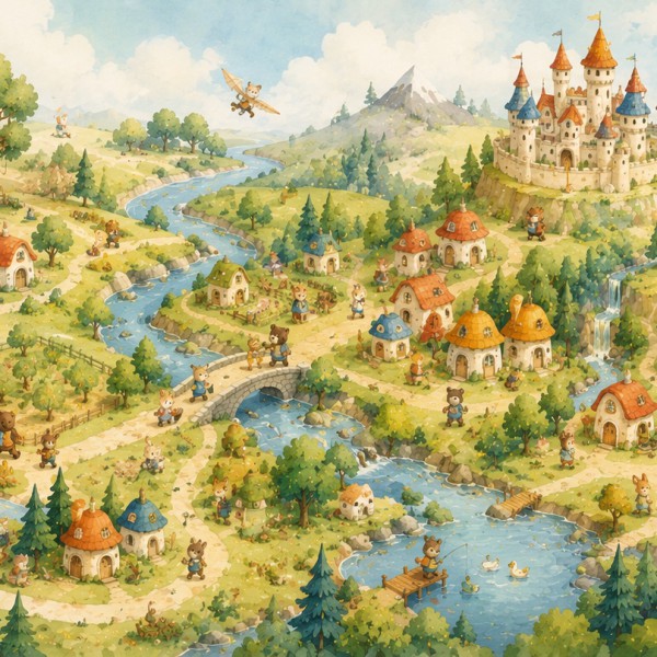 Pays imaginaire vu d'en haut – fresque panoramique pour enfant : collines, forêts, rivière serpentant, villages de maisons ronde