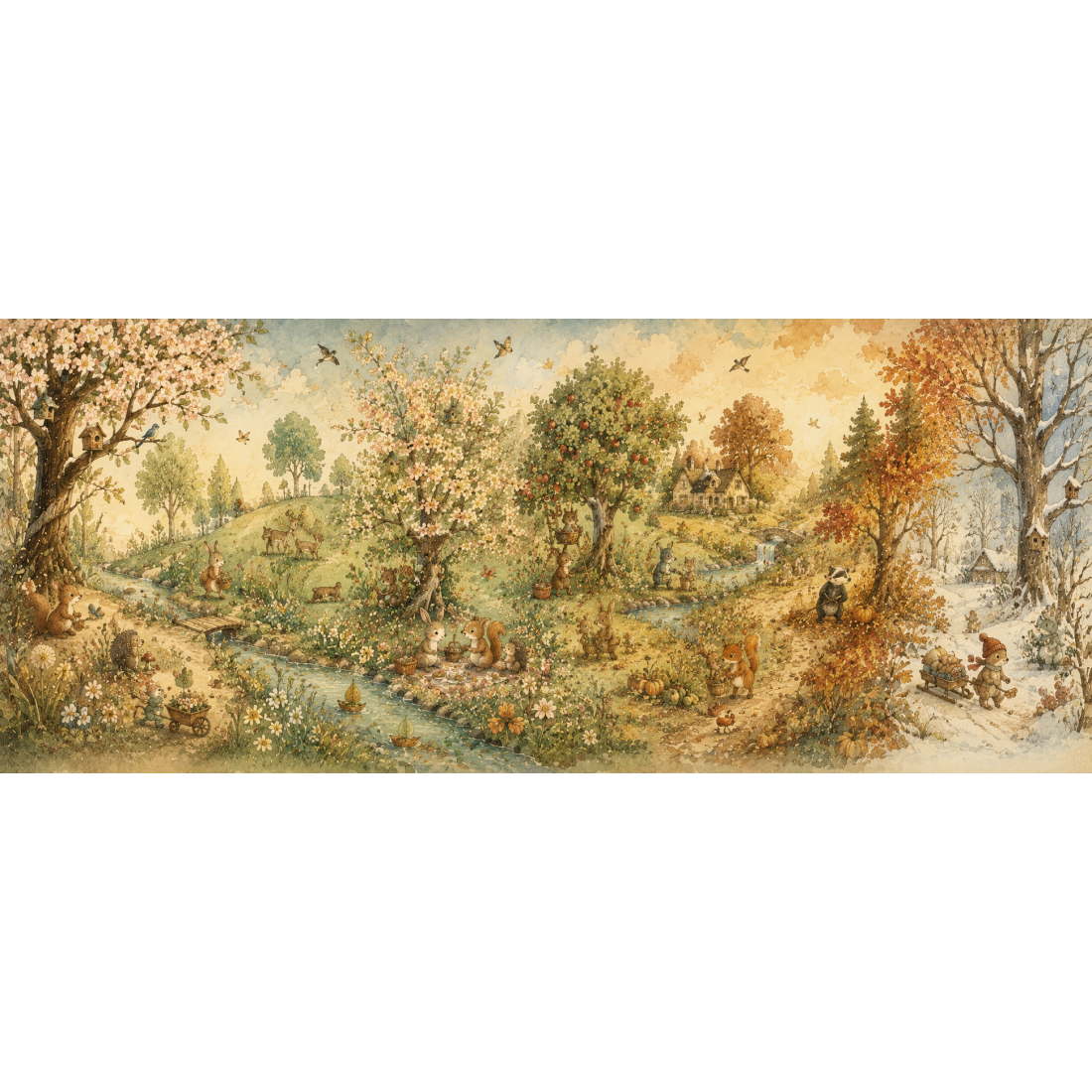 Ronde des saisons enchantée – fresque panoramique pour enfant : arbres fruitiers, prairies fleuries, ruisseau et animaux des boi