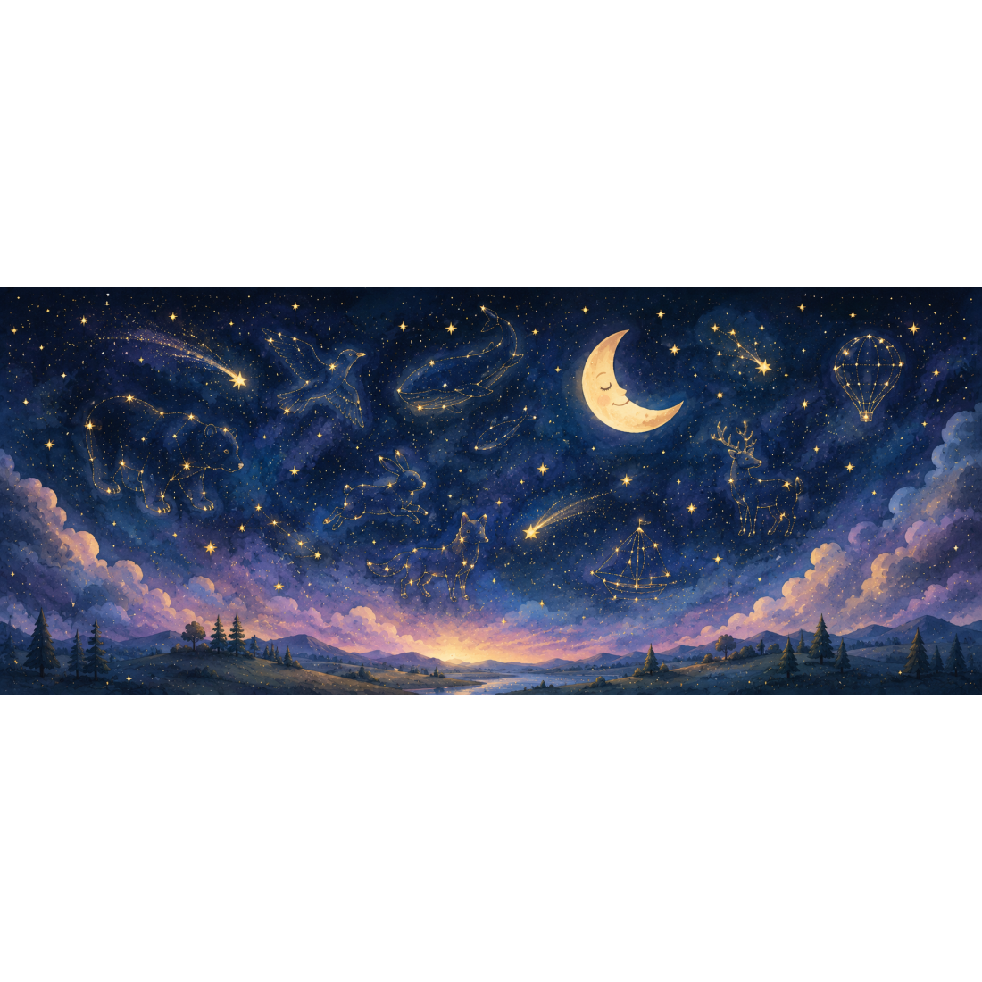 Ciel étoilé et constellations rêveuses – fresque panoramique pour enfant : constellations dessinant de douces figures d'animaux 