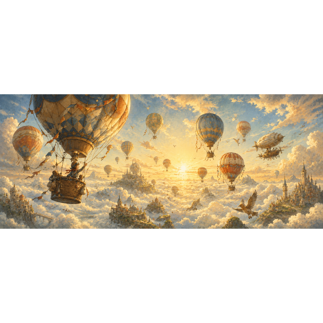 Montgolfières au-dessus des nuages – fresque panoramique pour enfant : flotte de montgolfières merveilleuses et engins volants f