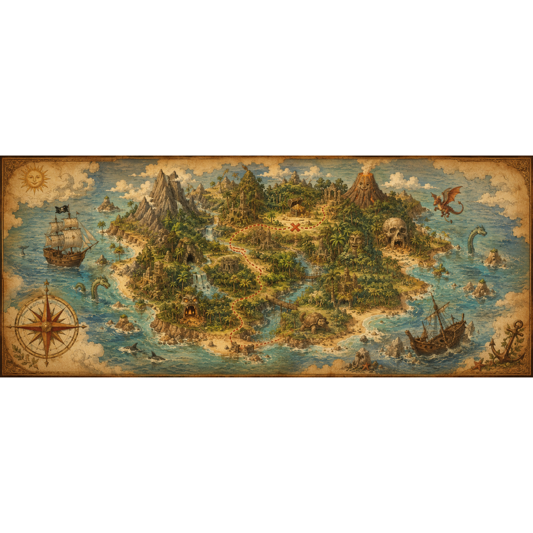 Carte au trésor des aventuriers – fresque panoramique pour enfant : île imaginaire avec jungle, montagnes, volcan amical, épave 