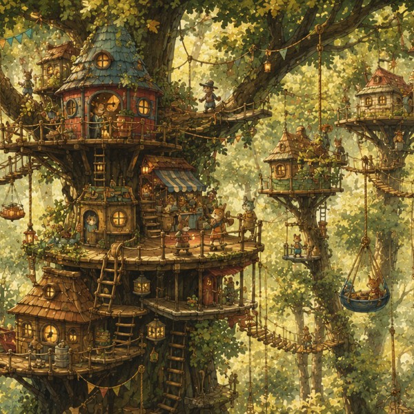 Cité dans les arbres – fresque panoramique pour enfant : village imaginaire perché dans la cime des grands arbres, cabanes relié