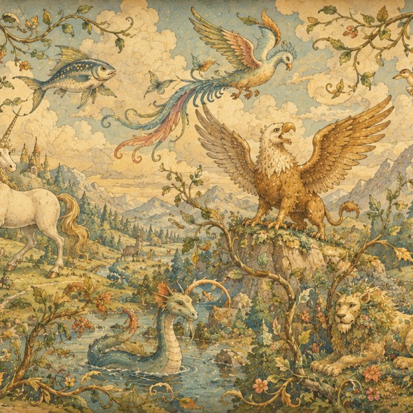 Bestiaire fabuleux des enfants – fresque panoramique pour enfant : créatures fabuleuses douces (dragon amical, licorne, griffon 