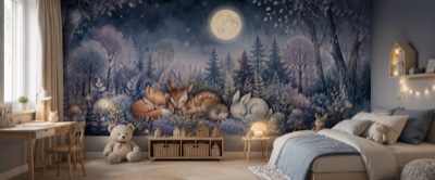 « Forêt endormie au clair de lune » en situation — fresque panoramique pour enfant dans un intérieur