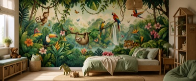 « Jungle amicale et animaux joyeux » en situation — fresque panoramique pour enfant dans un intérieur