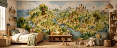 « Pays imaginaire vu d'en haut » en situation — fresque panoramique pour enfant dans un intérieur