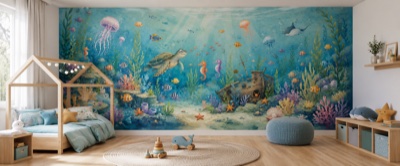 « Sous l'océan rêveur » en situation — fresque panoramique pour enfant dans un intérieur