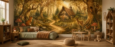 « Forêt des contes à l'ancienne » en situation — fresque panoramique pour enfant dans un intérieur