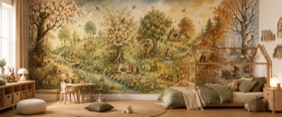 « Ronde des saisons enchantée » en situation — fresque panoramique pour enfant dans un intérieur