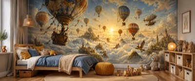 « Montgolfières au-dessus des nuages » en situation — fresque panoramique pour enfant dans un intérieur