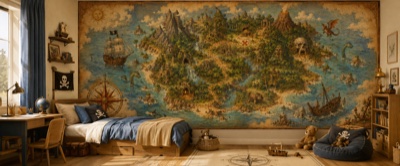 « Carte au trésor des aventuriers » en situation — fresque panoramique pour enfant dans un intérieur