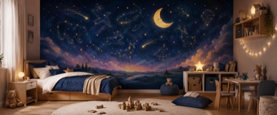 « Ciel étoilé et constellations rêveuses » en situation — fresque panoramique pour enfant dans un intérieur