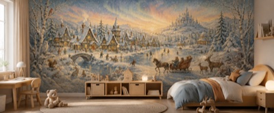 « Royaume sous la neige » en situation — fresque panoramique pour enfant dans un intérieur