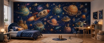 « Voyage dans les étoiles » en situation — fresque panoramique pour enfant dans un intérieur
