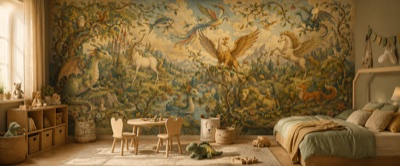 « Bestiaire fabuleux des enfants » en situation — fresque panoramique pour enfant dans un intérieur