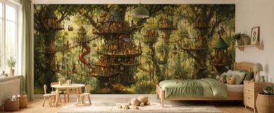 « Cité dans les arbres » en situation — fresque panoramique pour enfant dans un intérieur