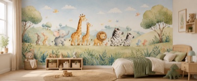 « Arche des animaux tout-doux » en situation — fresque panoramique pour enfant dans un intérieur