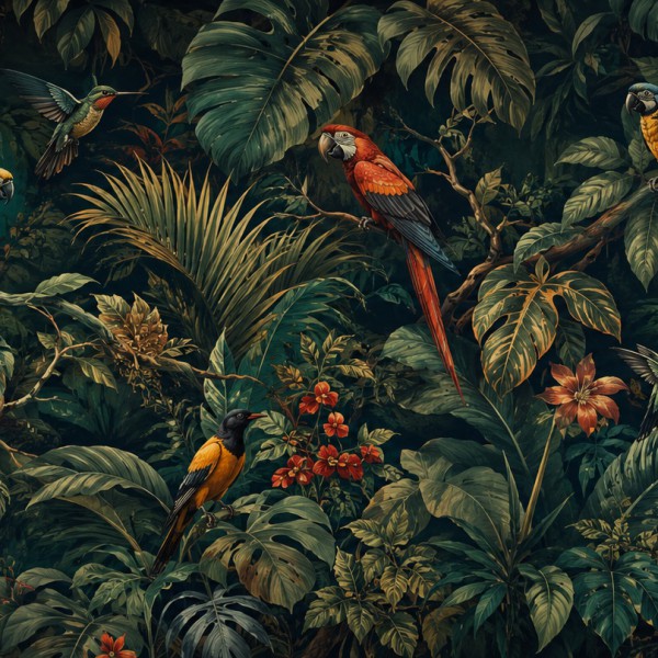 Volière et oiseaux dans le feuillage – fresque panoramique botanique : perroquets, colibris et oiseaux chanteurs parmi les branc