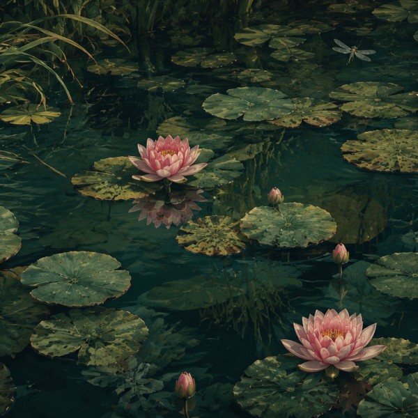 Jardin d'eau et nénuphars – fresque panoramique botanique : nénuphars, lotus, roseaux et iris d'eau sur une eau sombre et profon
