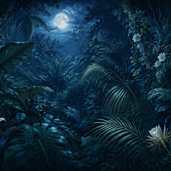 Jungle nocturne luxuriante – fresque panoramique botanique : grandes feuilles tropicales et fleurs pâles sous une lueur lunaire 