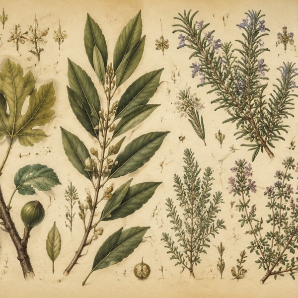 Herbier de plantes méditerranéennes – fresque panoramique botanique : olivier, figuier, laurier, romarin et thym disposés sur fo