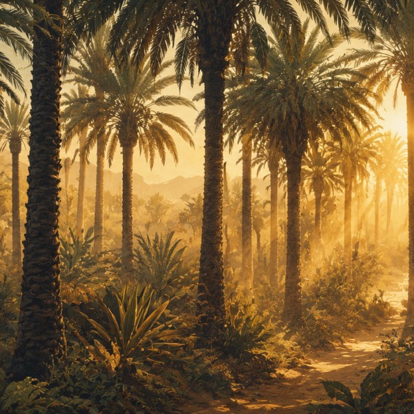 Palmeraie et lumière dorée – fresque panoramique botanique : troncs de palmiers et palmes en contre-jour dans une lumière ambrée