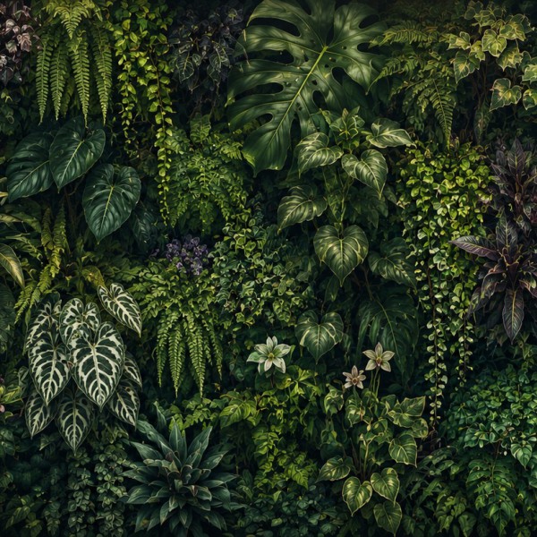 Mur végétal de feuillages variés – fresque panoramique botanique : fougères, philodendrons, calatheas et plantes grasses imbriqu