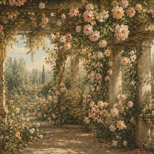 Roseraie ancienne grimpante – fresque panoramique botanique : rosiers grimpants envahissant une pergola de pierre, roses poudrée